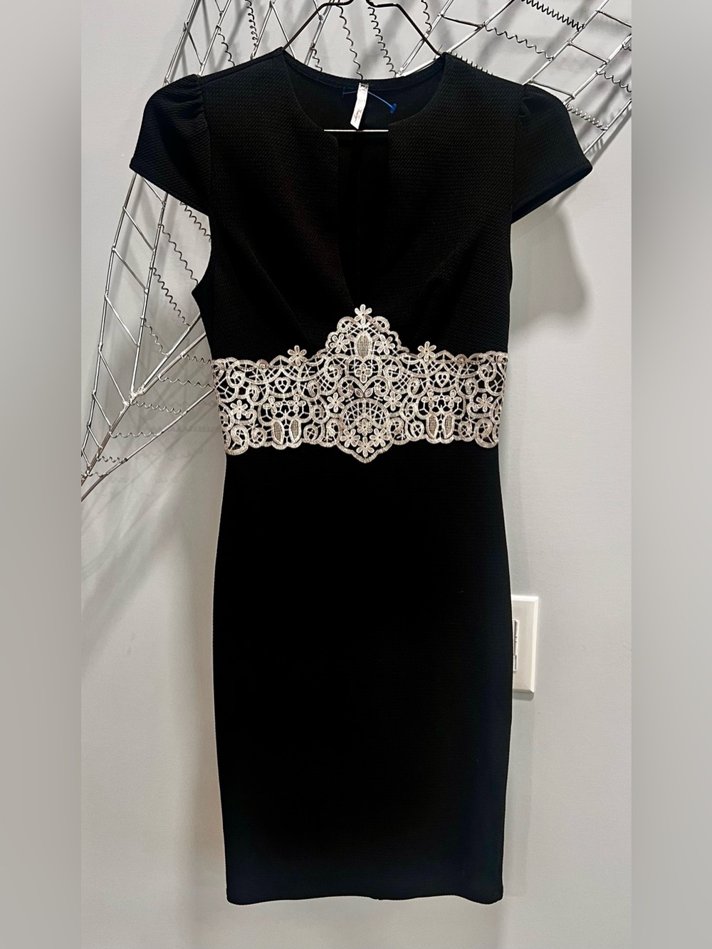 Black Dress with Ivory Lace Waist Detail - Women's Elegant Sheath